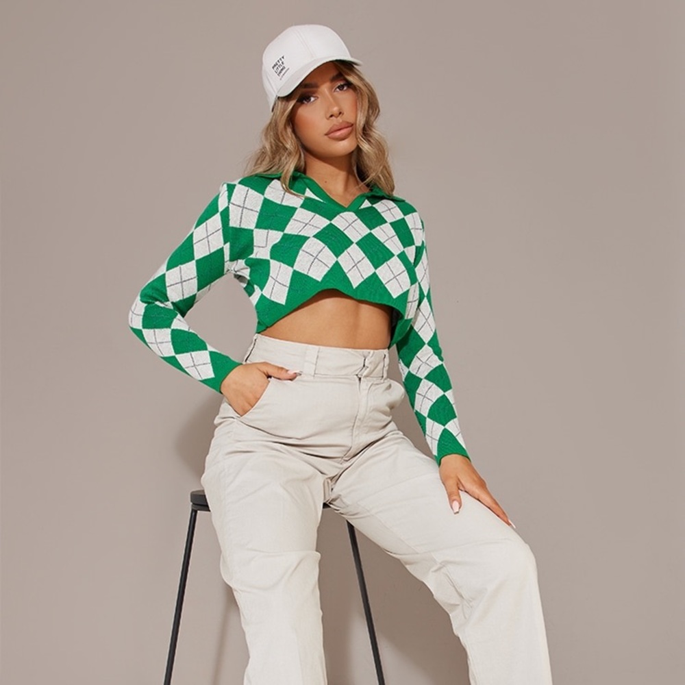 Green Check Print Crop Top